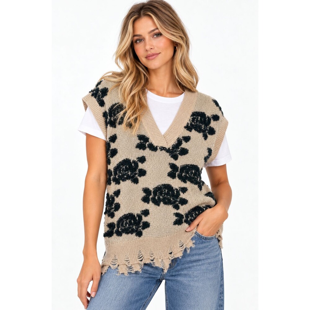 Anthropologie Distressed Floral Sweater Vest V-Neck Polyamide Wool Blend Small